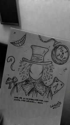 a drawing of a man with a top hat and clock on his face is hanging from the wall