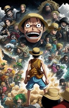 one piece is standing in front of an image of many other people with hats on