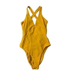 Ebw Sun Glow One-Piece Swimsuit Color: Yellow Size: 8 Solid Pattern V-Neck Scoop Neckline Open Back Design Seam Accents Pen Mark On The Crotch Hand Wash Only Summer Yellow One-piece With Lined Body, Yellow Summer One-piece With Lined Body, Summer-style Yellow One-piece With Lined Body, Yellow Lined Summer One Piece, Yellow Lined One Piece For Swimming, Yellow One-piece Swimsuit For Sunbathing, Yellow Poolside Bodysuit With Lined Body, Yellow One-piece Bodysuit For Sunbathing, Yellow Stretch Bodysuit For Sunbathing