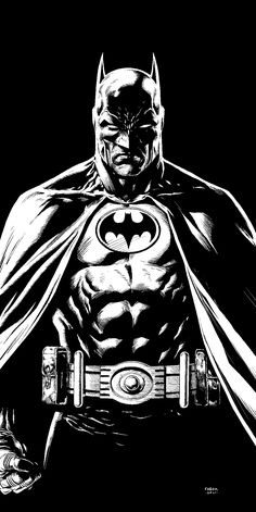 a black and white drawing of the batman with his cape open, standing in front of a dark background