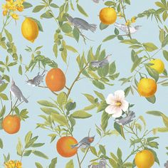 an orange tree with birds, flowers and leaves on a light blue background is featured in this image