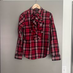 Nwot Lauren Ralph Lauren Ruffle Front Plaid Blouse, S Plaid Long Sleeve Blouse With Ruffles, Plaid Ruffle Blouse For Work, Plaid Ruffled Blouse For Work, Plaid Blouse, Ralph Lauren Tops, Lauren Ralph Lauren, Black Red, Black And Red, Ralph Lauren