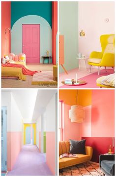 four different rooms with colorful walls and furniture