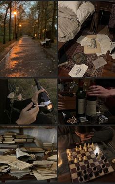 several different shots of people playing chess and drinking wine in the park at sunset or dawn