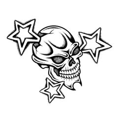 a skull with stars on it's head is shown in black and white ink