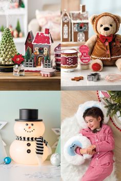 two pictures with teddy bears and christmas decorations on the table, one is holding a snowman