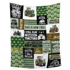 a green tractor themed blanket with tractors and farm words on the front in black, white, and green