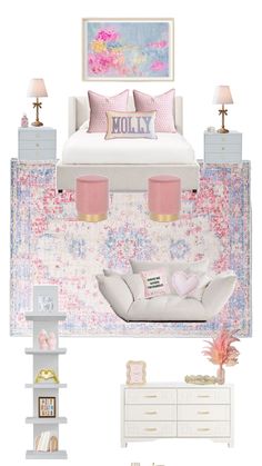 a bedroom with pink and white decor on the walls