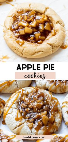 apple pie cookies with caramel drizzle on top and the words, apples pie cookies