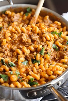 a skillet filled with macaroni and cheese