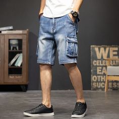 Cargo Man Denim Shorts Knee Length Half Long Bermuda Short Jeans Pants for Men with Pockets Blue Short Jeans Pants, Jeans Pants For Men, Shorts Knee Length, Blue Luxury, Mens Denim Shorts, Fall Outfits Men, Bermuda Short, Pants For Men, Short Jeans