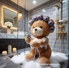 a teddy bear is sitting in the bathtub