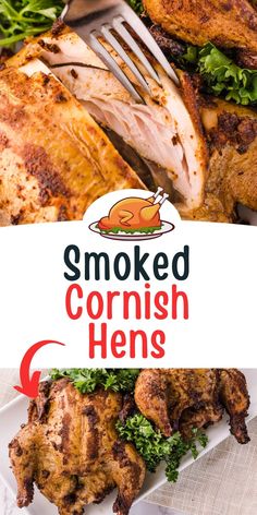 a plate with chicken, lettuce and carrots next to a sign that reads smoked cornish hens