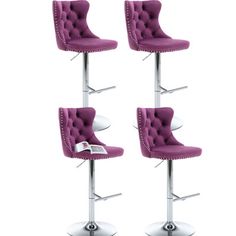 three purple barstools with chrome legs and foot rests on each side, in front of a white background