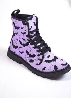 Add a little spookiness to your traditional footwear with In Control Clothing’s Bat Pattern Combat Boots — a comfortable, eye-catching selection from our women's clothing boutique. Constructed with breathable foam insoles, these sturdy fashion accessories are best paired with the Bat Pattern Overalls. Order a pair for yourself today and create a brand new Halloween-themed matching outfit! Bat Pattern Combat Boots Highlights: Features a black PU outsole and black rear pull-loop Made with a breath Bat Clothing, Purple Pastel Goth, Alt Shoes, Women's Combat Boots, Converse Outfits, Goth Shoes, Goth Outfit, Halloween Shoes, Style Converse