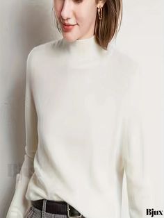 Bjux - Premium Quality Womens Mock Neck Knitted Pullover Sweater Featuring Solid Long Sleeve Design - Perfect for Stylish Fall and Winter Wear Winter White Turtleneck Tops For Fall, White Long Sleeve Turtleneck For Work, White Knitted Long Sleeve Turtleneck, Winter Soft Knit Tops For Workwear, Winter White Soft Knit Tops For Winter, Soft Knit Tops For Winter Workwear, Soft Knit Winter Tops For Work, White High Neck Soft Knit Sweater, Classic Winter Turtleneck Knit Top