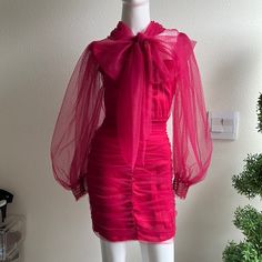 Nwt Zara Pink Polka Dot Mini Lace Overlay Dress With Ruching, Size X-Small, 100% Polyamide, Lining: 97% Polyester, 3% Elastane, Long Tie String That Can Be Worn In Several Styles, Long Balloon Sheer Sleeves, Zips At Sizde, Buttons Up At Upper Back *Had Rip In Lace In Upper Back Which Was Repaired Fitted Sheer Puff Sleeve Dress, Fitted Sheer Dress With Puff Sleeves, Summer Long Sleeve Mesh Cocktail Dress, Elegant Sheer Mini Dress With Puff Sleeves, Feminine Sheer Long Sleeve Dress, Feminine Long Sleeve Sheer Dresses, Sheer Puff Sleeve Dress For Night Out, Spring Cocktail Mesh Dress With Long Sleeves, Flirty Long Sleeve Sheer Dresses