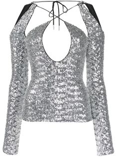 002 THE ATTICO ZANE TOP Luxury Silver Chic Top, Luxury Chic Silver Tops, Luxury Silver Long Sleeve Tops, Rich Outfits, Dress Reference, Sweetheart Neckline Top, Goddess Style, Silver Sequin Top, Criss Cross Top