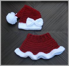 two crocheted hats with white and red trims, one has a bow on it