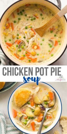 chicken pot pie soup in a blue and white bowl with a wooden spoon next to it