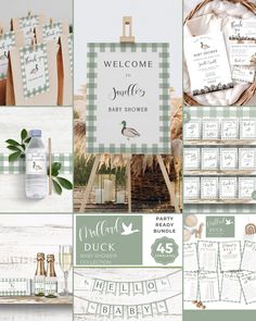 a collage of baby shower items and welcome signs