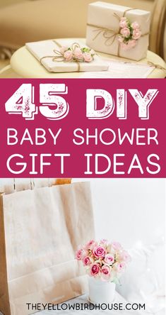 baby shower gift ideas with pink flowers and gifts on the table in front of them