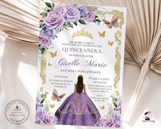 a purple and gold quinceauera birthday party with flowers, butterflies and a princess dress