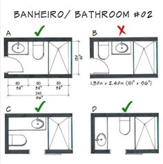 bathroom layouts with measurements for each section and the other part labeled in green arrows