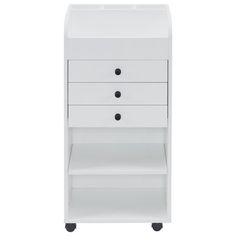 a white cabinet with three drawers on wheels