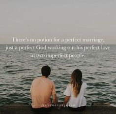 two people sitting on the edge of a pier looking out at the water with a quote about marriage