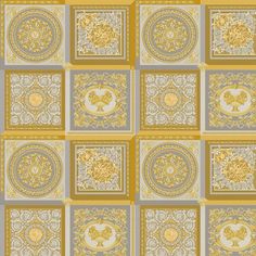 a yellow and gray wallpaper with gold designs