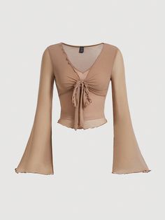 Women's Front Tie Flare Sleeve T-Shirt Dusty Pink Casual  Long Sleeve Knitted Fabric Plain  High Stretch  Women Clothing, size features are:Bust: ,Length: ,Sleeve Length: Tops With Long Skirts, Light Brown Top, Adrette Outfits, Casual Preppy Outfits, Shein Outfits, Everyday Fashion Outfits, Easy Trendy Outfits