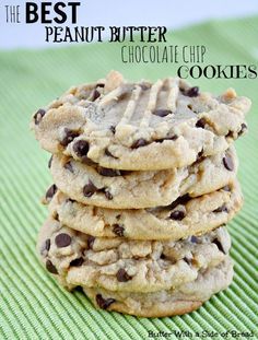 the best peanut butter chocolate chip cookies are stacked on top of each other and ready to be eaten