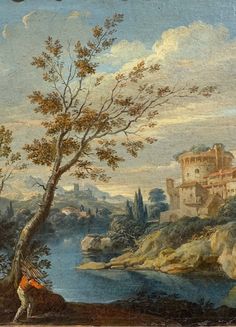 an oil painting on canvas of a river scene with a castle in the distance and a man leaning against a tree