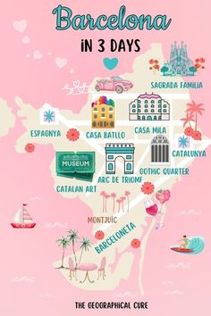 an illustrated map of barcelona in 3 days, with the names and locations on it