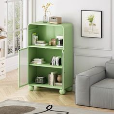 a living room with a green book shelf in the corner