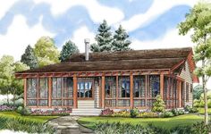 this is an artist's rendering of a small cabin style house with porches