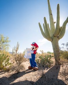 a person dressed as mario in front of a cactus