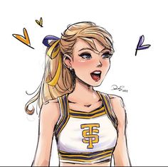 a drawing of a girl with blonde hair wearing a cheerleader uniform and smiling at the camera