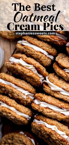 the best oatmeal cream pies with white icing on top and cookies in the background