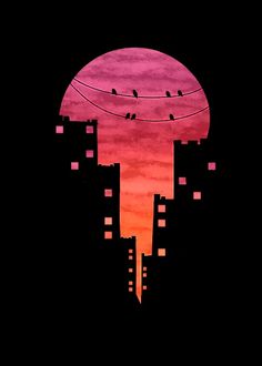 birds are sitting on wires in front of an orange and pink sky with buildings silhouetted against the sun