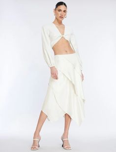 Tiered Asymmetrical Skirt – BCBGMAXAZRIA White Long Draped Skirt For Spring, Chic Tiered Draped Skirt With Ruffles, Elegant Spring Wrap Skirt For Brunch, Chic Asymmetrical Skirt With Layered Hem, Spring Asymmetrical Draped Skirt With Ruffles, Spring Ruffled Asymmetrical Draped Skirt, Spring Tiered Draped Skirt With Ruffles, Asymmetrical Gathered Skirt Bottoms For Spring, Spring Asymmetrical Gathered Skirt Bottoms