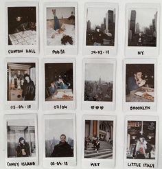 many polaroid pictures are arranged on a white surface with black and white images in them