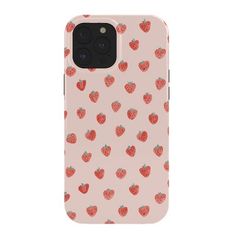 a pink phone case with strawberries on the front and back cover, all in strawberry print