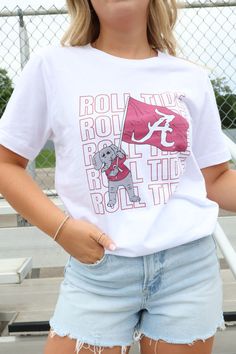 BEST SELLER! Gear up for gameday in our favorite Alabama tee! The soft wash and exclusive design make this tee an absolute must-have for cheering on the Alabama Crimson Tide this season! Alabama Big Al T-shirt Officially licensed Designed by Scarlet & Gold TTS; our model is wearing a small Standard crewneck tee Bella + Canvas brand tee Alabama gameday tee