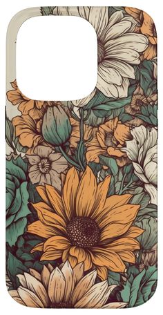 a phone case with an image of sunflowers and leaves on the back cover