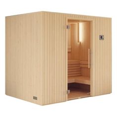 a wooden sauna with the door open