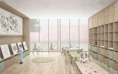 an artist's rendering of a children's room with lots of bookshelves