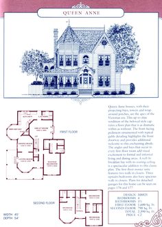 the queen anne house plan is shown in blue and white, as well as other floor plans