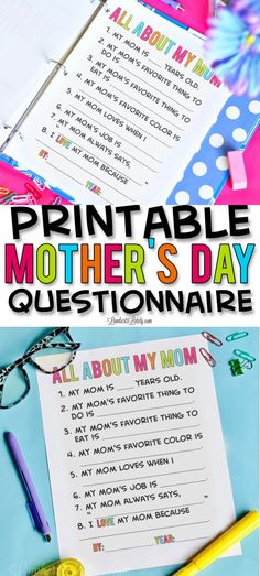 printable mother's day questionnaire with the words, all about my mom